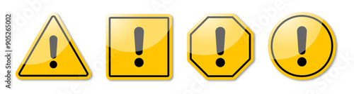 Hazard symbol in yellow color with exclamation symbol in shiny glossy style in different shapes. Caution symbols set with exclamation mark in various shapes. Danger warning icon set.