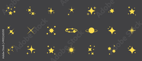 Sparkles or shine vector huge set of different stars in yellow color on black background. Sparkle star icons. Shine icon. Stars sparkle doodles vector. Big set of various stars icon.