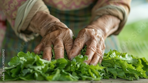 A woman is preparing greens on a table