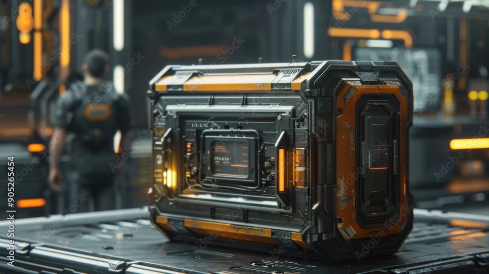 Cyberpunk Tech Container: A futuristic, sleek, and enigmatic tech container, emanating a soft orange glow, stands in a dimly lit, industrial setting. The container's intricate design and glowing digit Cyberpunk Tech Container: A futuristic, sleek, and enigmatic tech container, emanating a soft orange glow, stands in a dimly lit, industrial setting. The container's intricate design and glowing digit