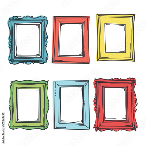 Six colorful handdrawn picture frames featuring vibrant hues ornate details isolated white background. Various shapes ornamental designs offer decorative options gallery wall art displays. Sketchy