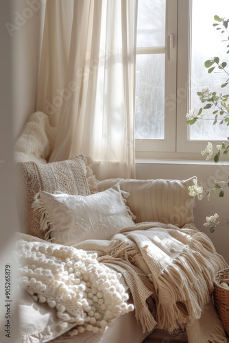 Cozy Corner with Sunlit Window. Sunlit Cozy Chair with Pillows and Blanket