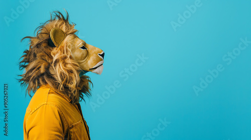 Profile view of person in lion mask and yellow shirt against blue background. Concept for fun, creativity, and animal costume.