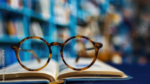 Pair of glasses on an open book with a blurred background focused on learning and education, glasses on book, study essentials, educational focus photo