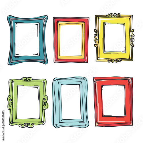 Handdrawn colorful picture frames set against white background, artistic sketch style. Collection includes various shapes designs, ready artworks photographs. Doodle frames red, yellow, green, blue
