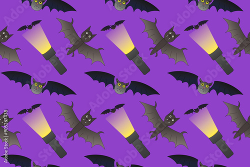 Spooky seamless pattern featuring bats and flashlights, perfect for Halloween decorations, party invites, and spooky crafts.
