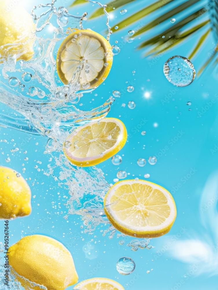 Floating Lemon Slices in a Tropical Setting with Bubbles Rising in a Glass of Iced Water, Capturing a Refreshing Summer Feel Floating Lemon Slices in a Tropical Setting with Bubbles Rising in a Glass of Iced Water, Capturing a Refreshing Summer Feel