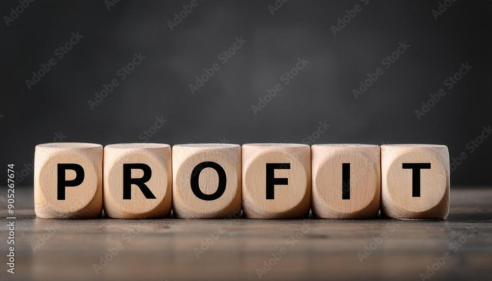 Wooden cubes with word PROFIT on table against dark background. Business and finance concept Wooden cubes with word PROFIT on table against dark background. Business and finance concept