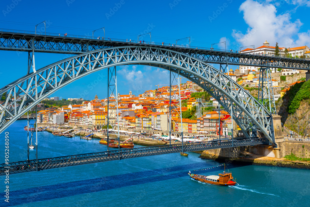 Famous bridge Ponte dom Luis above old town of Porto at river Duoro, Portugal