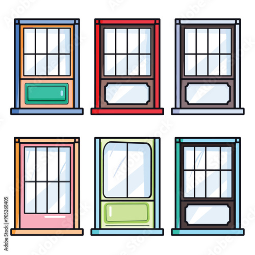 Six colorful cartoonstyle windows arranged two rows three, window features different color frame unique design details. Ideal architecture graphic childrens educational content