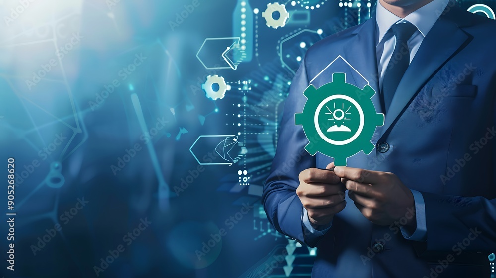 Fototapeta premium Businessman Holding a Green Cog Icon with a Person Inside