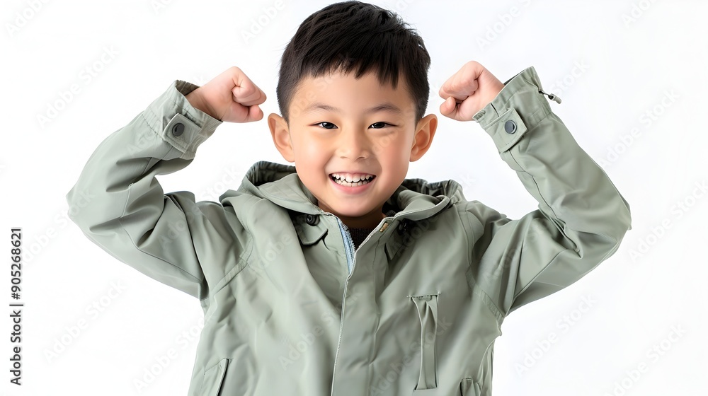 Excited Young Boy Raising Arms Outdoors with Joyful Smile Excited Young Boy Raising Arms Outdoors with Joyful Smile