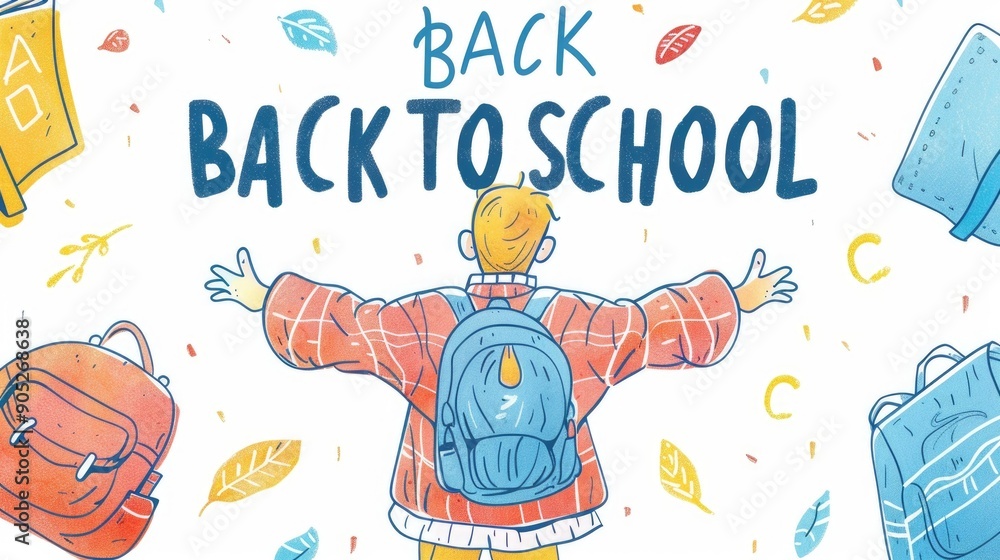 Fototapeta premium Illustration of a student with a backpack on a blue and white background. Ideal for educational and back-to-school themes