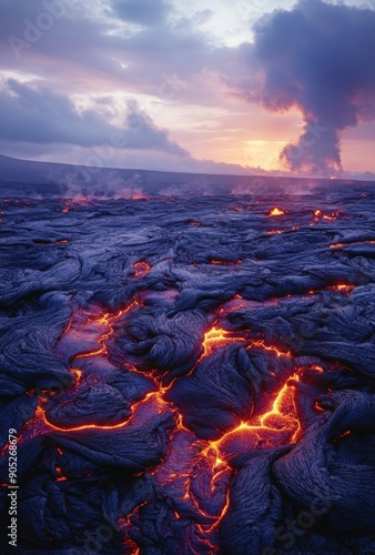 A scenic lava field with a mix of smooth and jagged textures, showing the diverse formations created by the lava flow