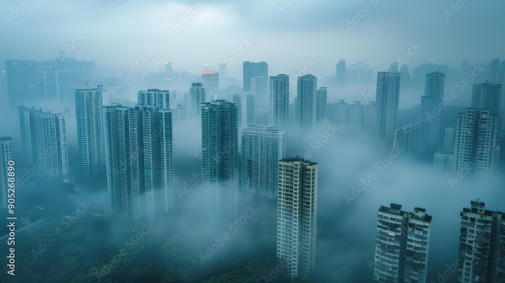 Aerial view of a modern city covered in thick fog and smoke, urban pollution, skyscrapers emerge from the dense mist, environmental issues, urbanization, and the effects of global warming Aerial view of a modern city covered in thick fog and smoke, urban pollution, skyscrapers emerge from the dense mist, environmental issues, urbanization, and the effects of global warming