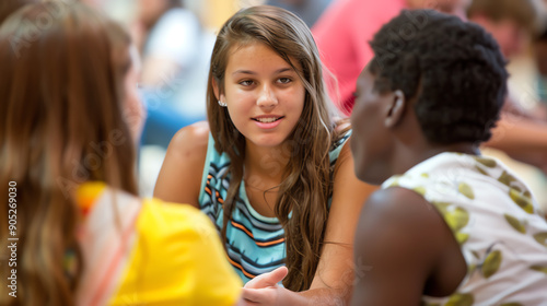 A group of diverse teenagers engage in a lively conversation, sharing ideas and enjoying each other's company in a casual setting.
