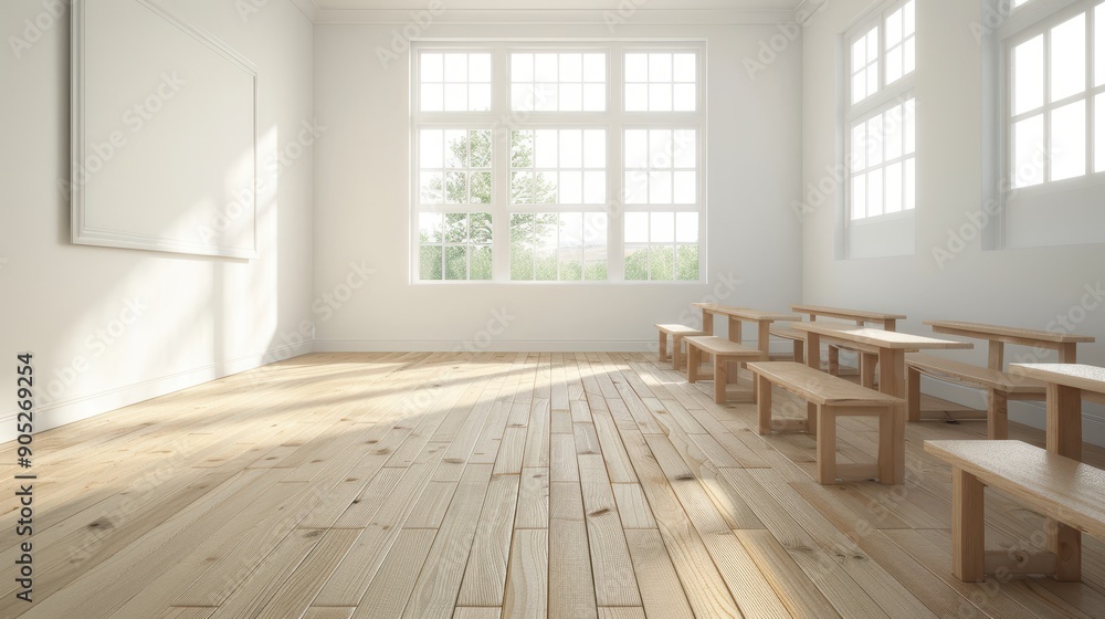 A classroom with a white board and wooden benches. The room is empty and the sunlight is shining through the windows A classroom with a white board and wooden benches. The room is empty and the sunlight is shining through the windows