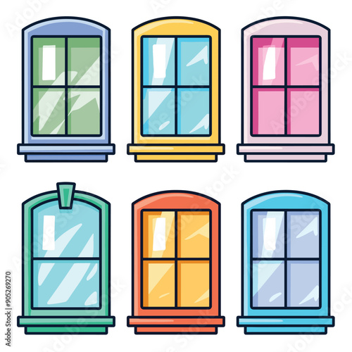 Colorful cartoon windows vector set isolated white background. Different window designs architecture elements. Bright primary colors home faade illustrations