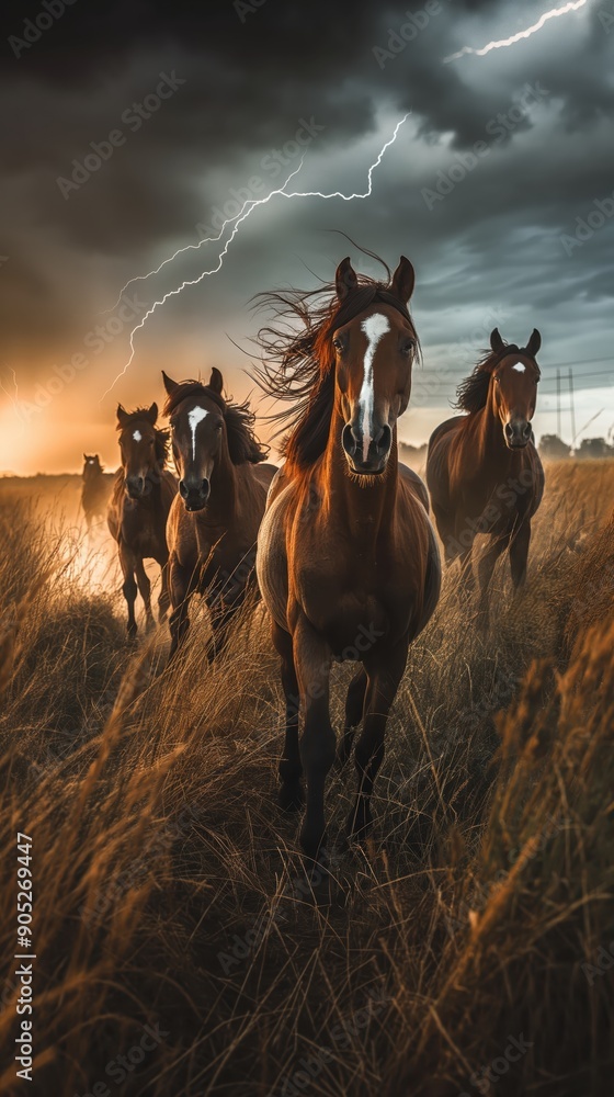 Fototapeta premium Horses Running Through Field With Lightning