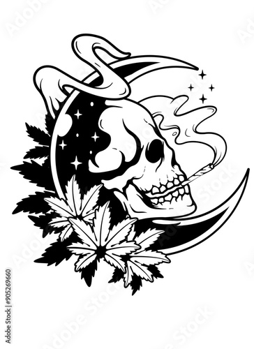 Moon Skull | Smoking Weed | Crescent Moon Skull| Cannabis | Skull Reggae Smoking Weed | Skull Smoking Joint | Weed Leaf | Weed | Original Illustration | Vector and Clipart | Cutfile and Stencil