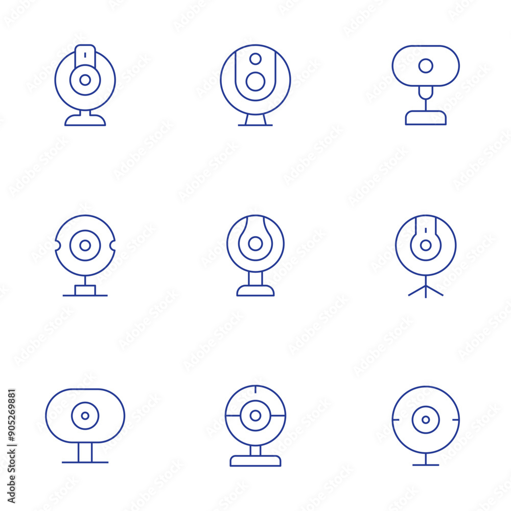 Webcam icons set. Thin Line style, editable stroke. USB webcam, HD webcam, built-in webcam, webcam settings, video conferencing Webcam icons set. Thin Line style, editable stroke. USB webcam, HD webcam, built-in webcam, webcam settings, video conferencing