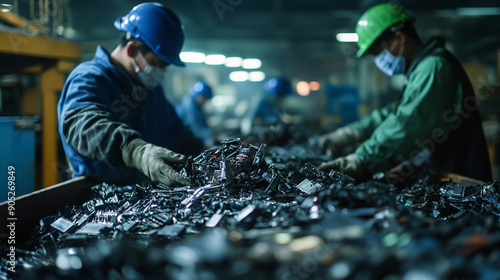 Technicians extracting cobalt from used batteries. photo