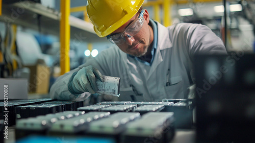 Technicians measuring the energy density of recycled batteries.