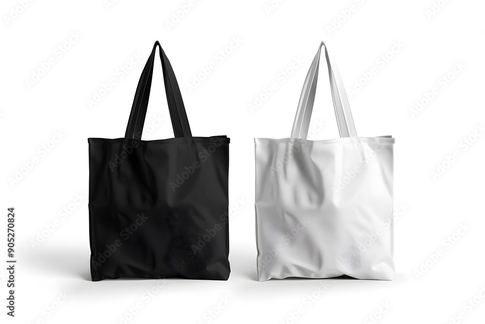 Two tote bags, one black and white isolated on white background mock up Two tote bags, one black and white isolated on white background mock up