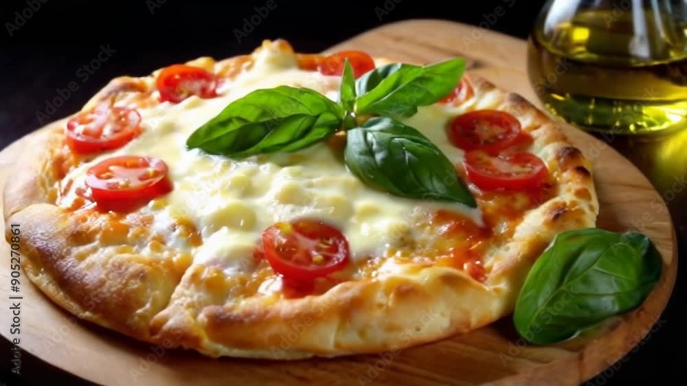 A margherita pizza topped with melted mozzarella, fresh tomato slices, and basil leaves on a wooden board A margherita pizza topped with melted mozzarella, fresh tomato slices, and basil leaves on a wooden board