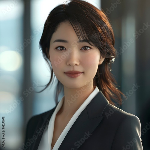 japanese female with radiant smile and welcoming expression, modern suit