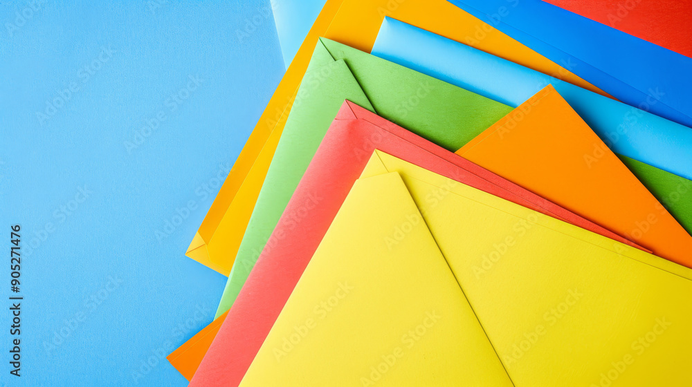 A bright and colorful array of paper envelopes in assorted colors, neatly overlapping on a blue backdrop. A bright and colorful array of paper envelopes in assorted colors, neatly overlapping on a blue backdrop.