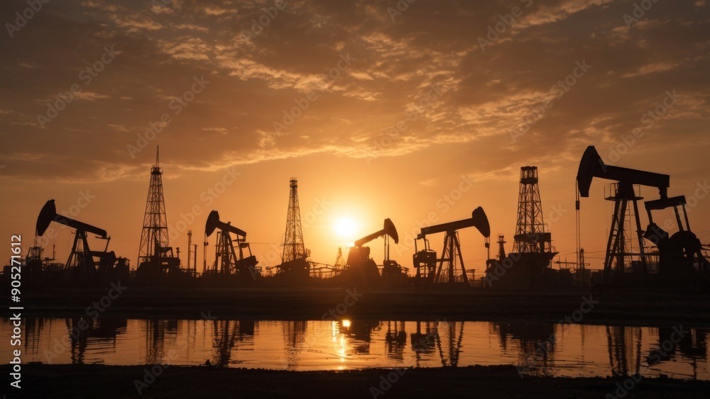 Sunset behind a large oil field Sunset behind a large oil field
