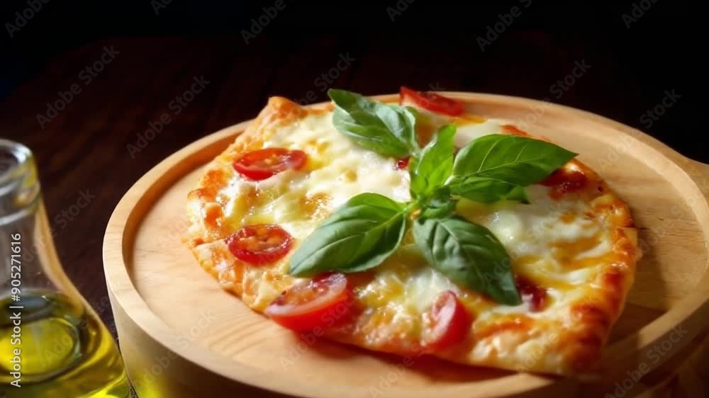 Margherita pizza slice with fresh basil and cherry tomatoes, served on a wooden board with a bottle of olive oil Margherita pizza slice with fresh basil and cherry tomatoes, served on a wooden board with a bottle of olive oil