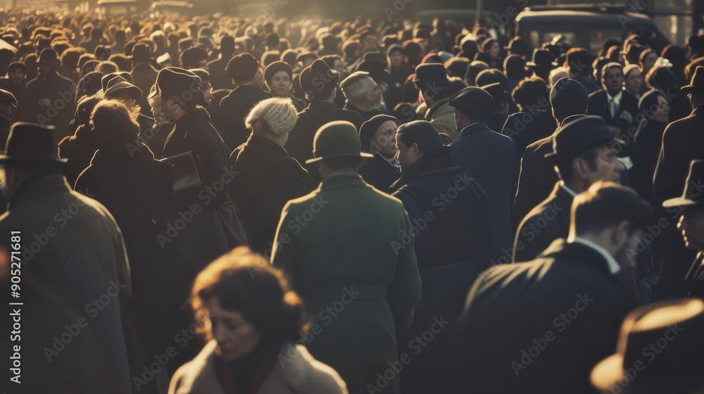 Obraz premium A crowded scene with people in vintage attire, capturing a busy moment in history with a warm, nostalgic tone.