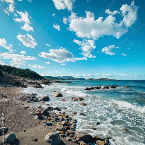 beautiful beach with rocky sand, sunny sky