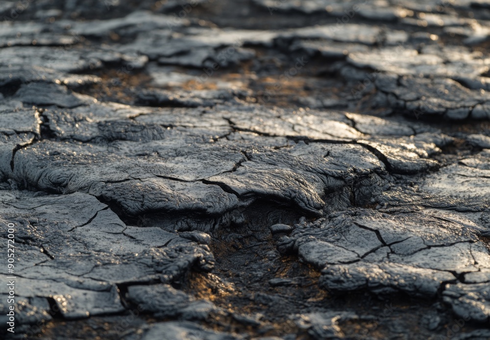 Close up of a lava field, highlighting the rugged, cracked surface and the detailed textures of the solidified lava Close up of a lava field, highlighting the rugged, cracked surface and the detailed textures of the solidified lava