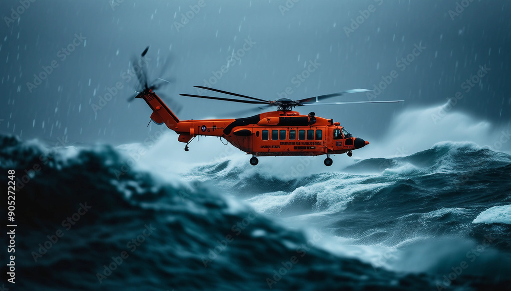 A rescue helicopter hovering above a turbulent ocean, battling heavy rain and powerful gusts as it searches for a stranded vessel.
A rescue helicopter hovering above a turbulent ocean, battling heavy rain and powerful gusts as it searches for a stranded vessel.