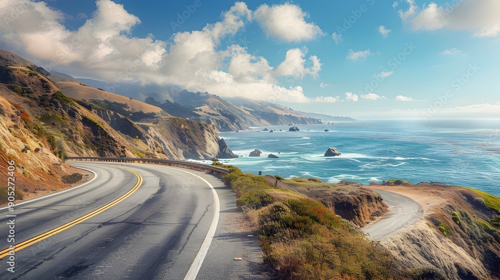 Scenic Coastal Road with Ocean Views and Rugged Cliffs Scenic Coastal Road with Ocean Views and Rugged Cliffs