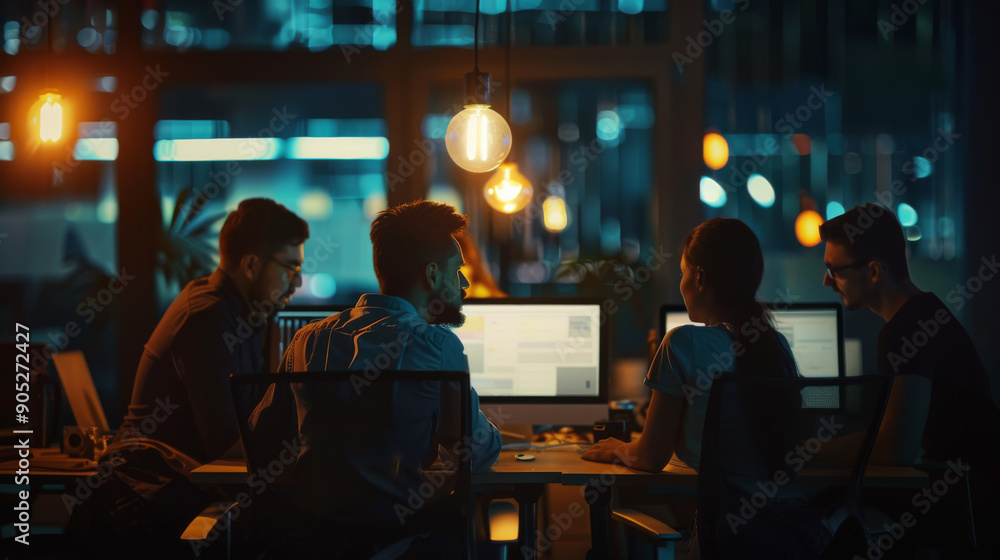 Four colleagues collaborate late into the night in a dimly lit, modern office, brainstorming ideas under the warm glow of hanging light bulbs. Four colleagues collaborate late into the night in a dimly lit, modern office, brainstorming ideas under the warm glow of hanging light bulbs.