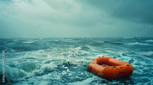 An empty orange lifeboat floats alone in the rough sea under a gloomy, overcast sky.