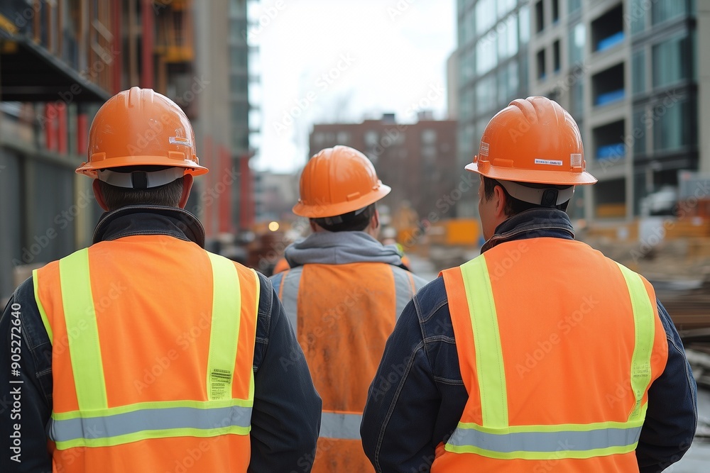 Construction workers from behind with hardhats standing in front of a construction site Construction workers from behind with hardhats standing in front of a construction site