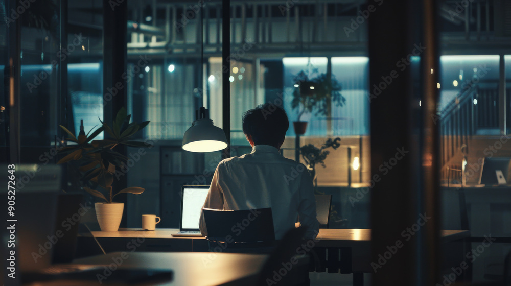 A solitary figure works late into the night in a modern office, illuminated by warm hanging lamps, depicting dedication and solitude. A solitary figure works late into the night in a modern office, illuminated by warm hanging lamps, depicting dedication and solitude.