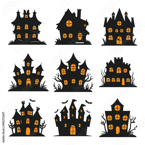 A set of haunted house silhouette vector for Halloween photo