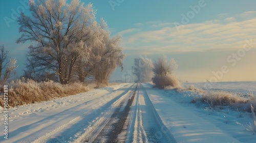 Enchanting Snow-Covered Road Winding Through Serene Winter Landscape