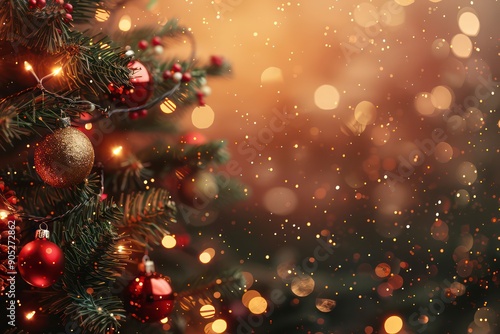 christmas banner with fir tree, string of fairy light, blur background