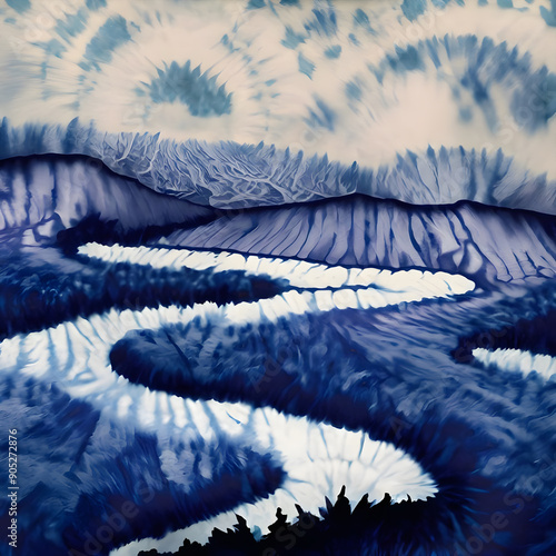 Indigo Blue Shibori Tie Dyed Landscape