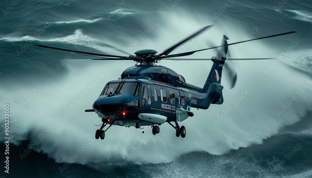 A rescue helicopter hovering above a turbulent ocean, battling heavy rain and powerful gusts as it searches for a stranded vessel.
A rescue helicopter hovering above a turbulent ocean, battling heavy rain and powerful gusts as it searches for a stranded vessel.