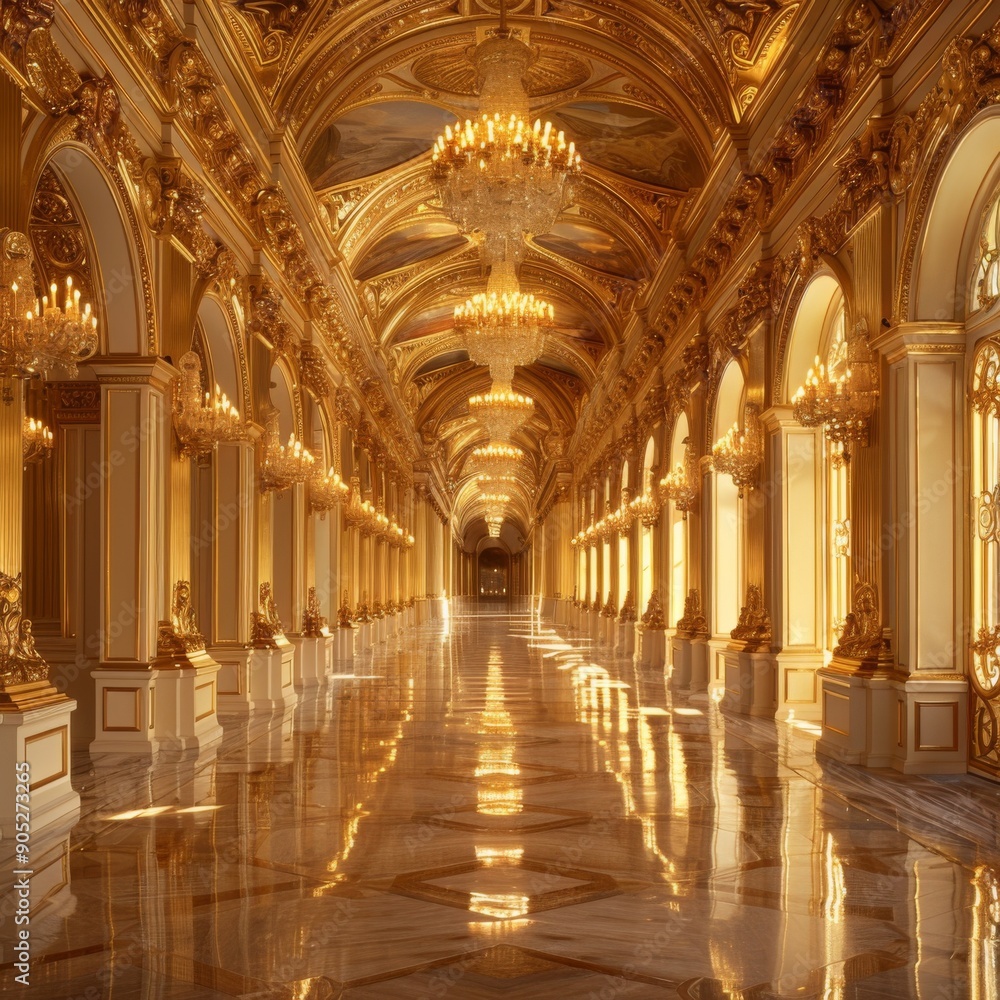 Obraz premium Grand Palace Corridor with Statues and Chandeliers, Exuding an Aura of Opulence and Elegance in Gold