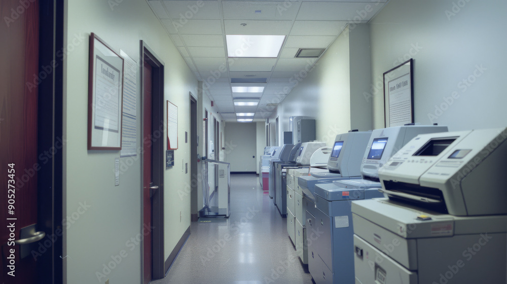 A well-lit office hallway with a row of printers and copiers against pristine white walls, suggesting a focus on efficiency and modernity in a professional environment. A well-lit office hallway with a row of printers and copiers against pristine white walls, suggesting a focus on efficiency and modernity in a professional environment.