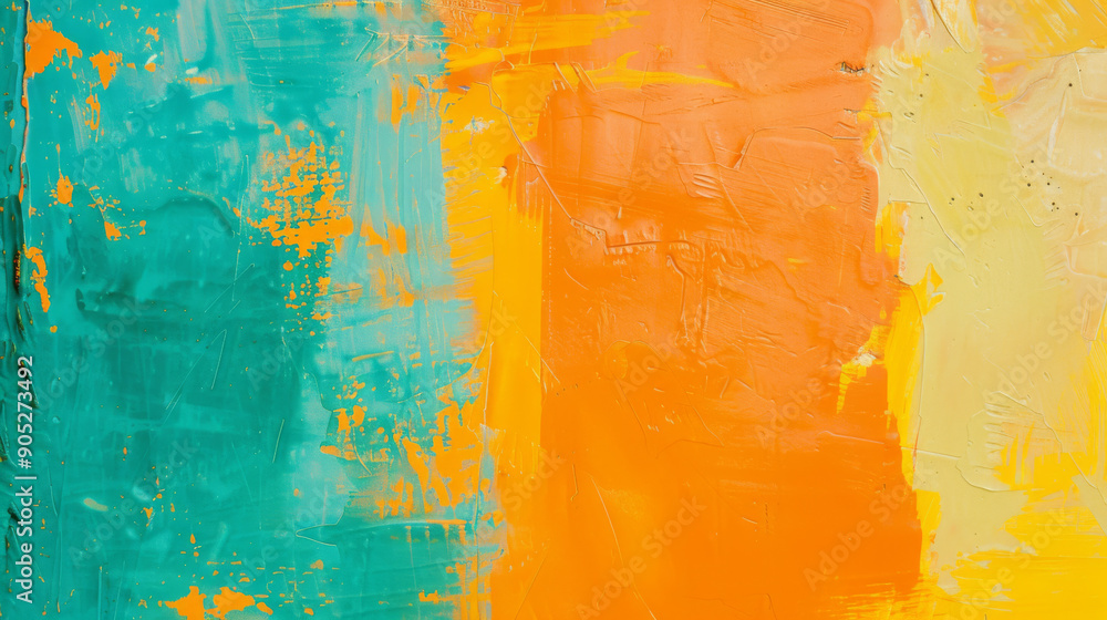 Naklejka premium Close-up of vibrant abstract art with bold, textured strokes of turquoise, orange, and yellow, conveying a lively and dynamic energy.